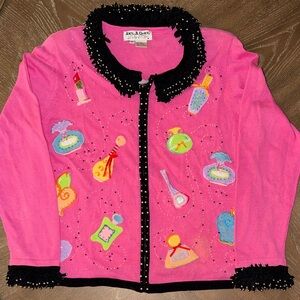 Jack B Quick Women’s Pink Cardigan with Colorful Perfume Designs Size Medium